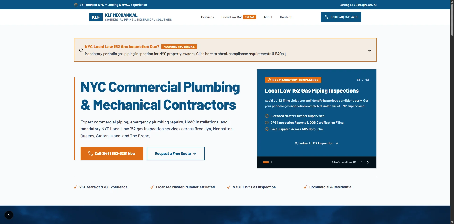 KLF Mechanical commercial plumbing and Local Law 152 compliance web platform